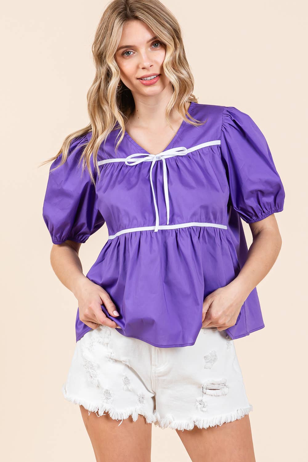 Purple Babydoll Top with White Bows - Lolo Viv Boutique