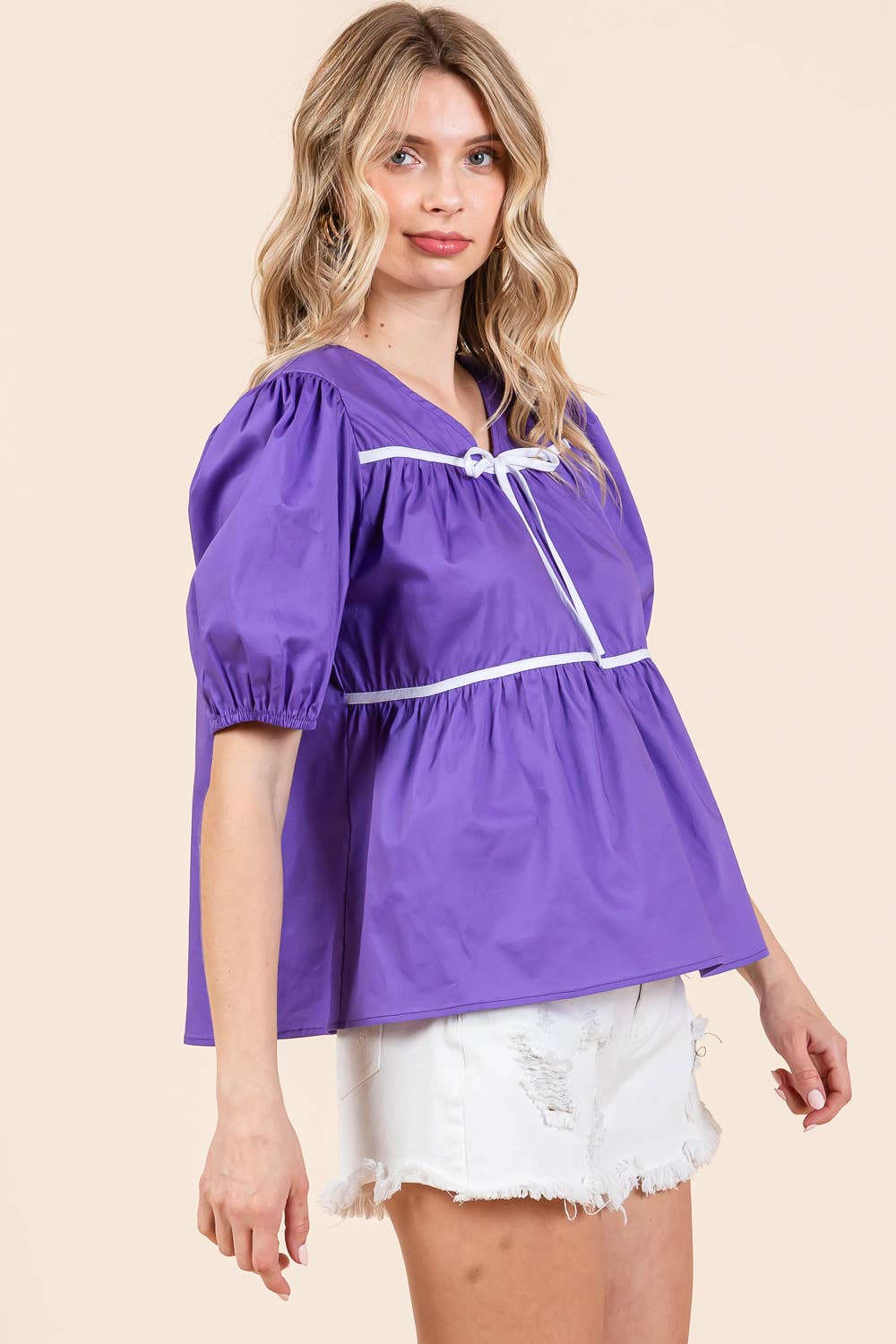 Purple Babydoll Top with White Bows - Lolo Viv Boutique