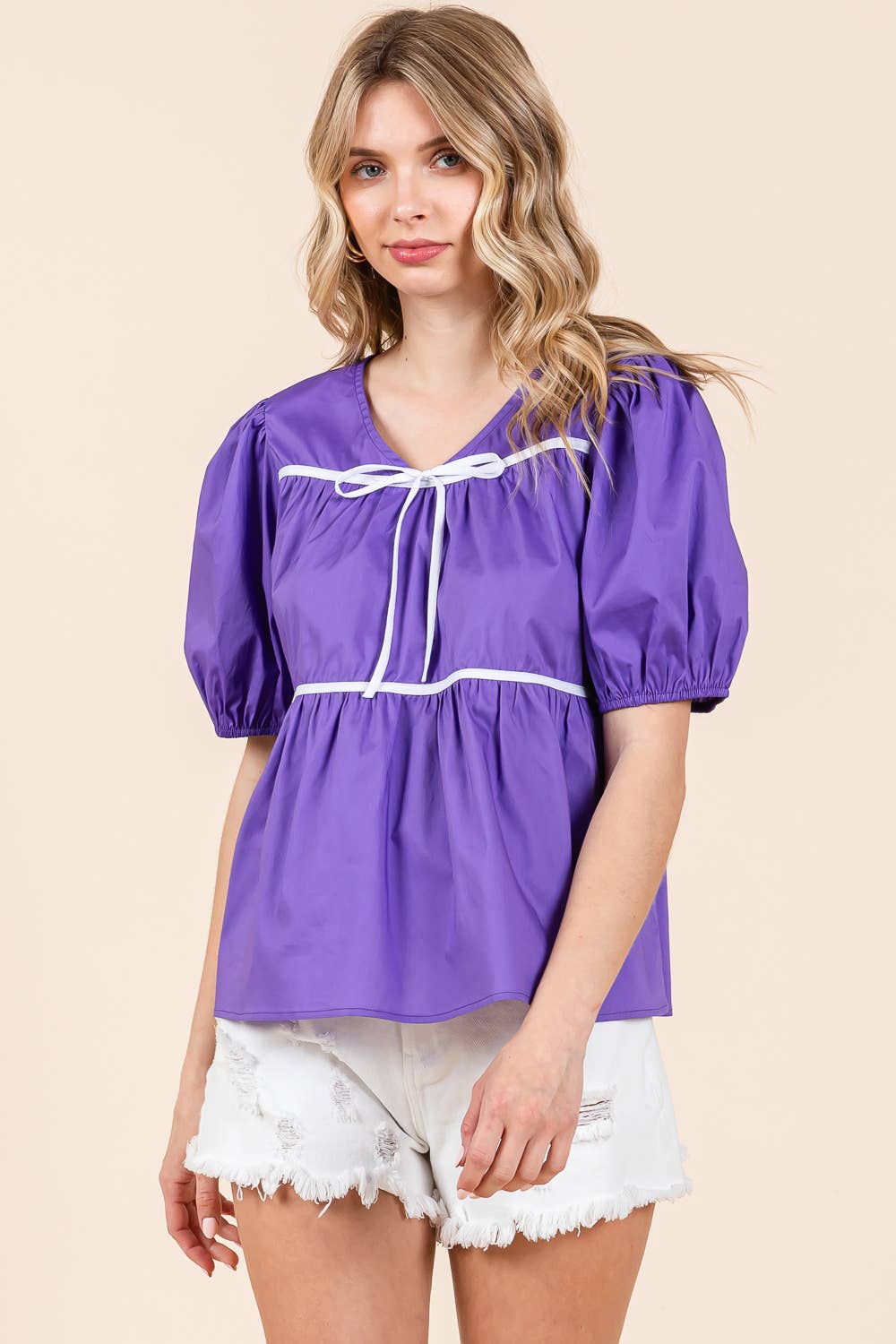 Purple Babydoll Top with White Bows - Lolo Viv Boutique