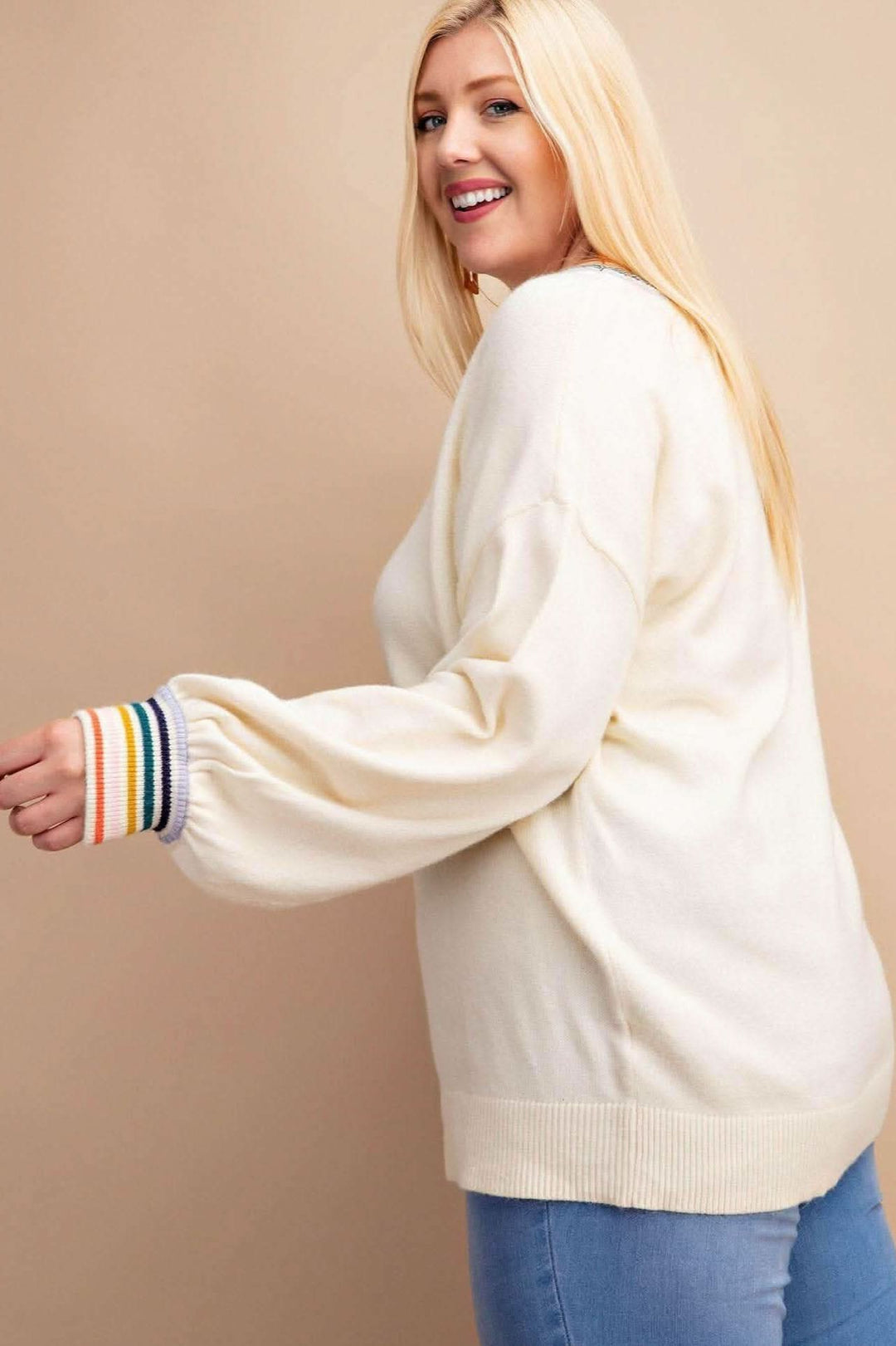 Rainbow Trim Balloon Sleeve Sweater - Curvy - Lolo Viv Boutique