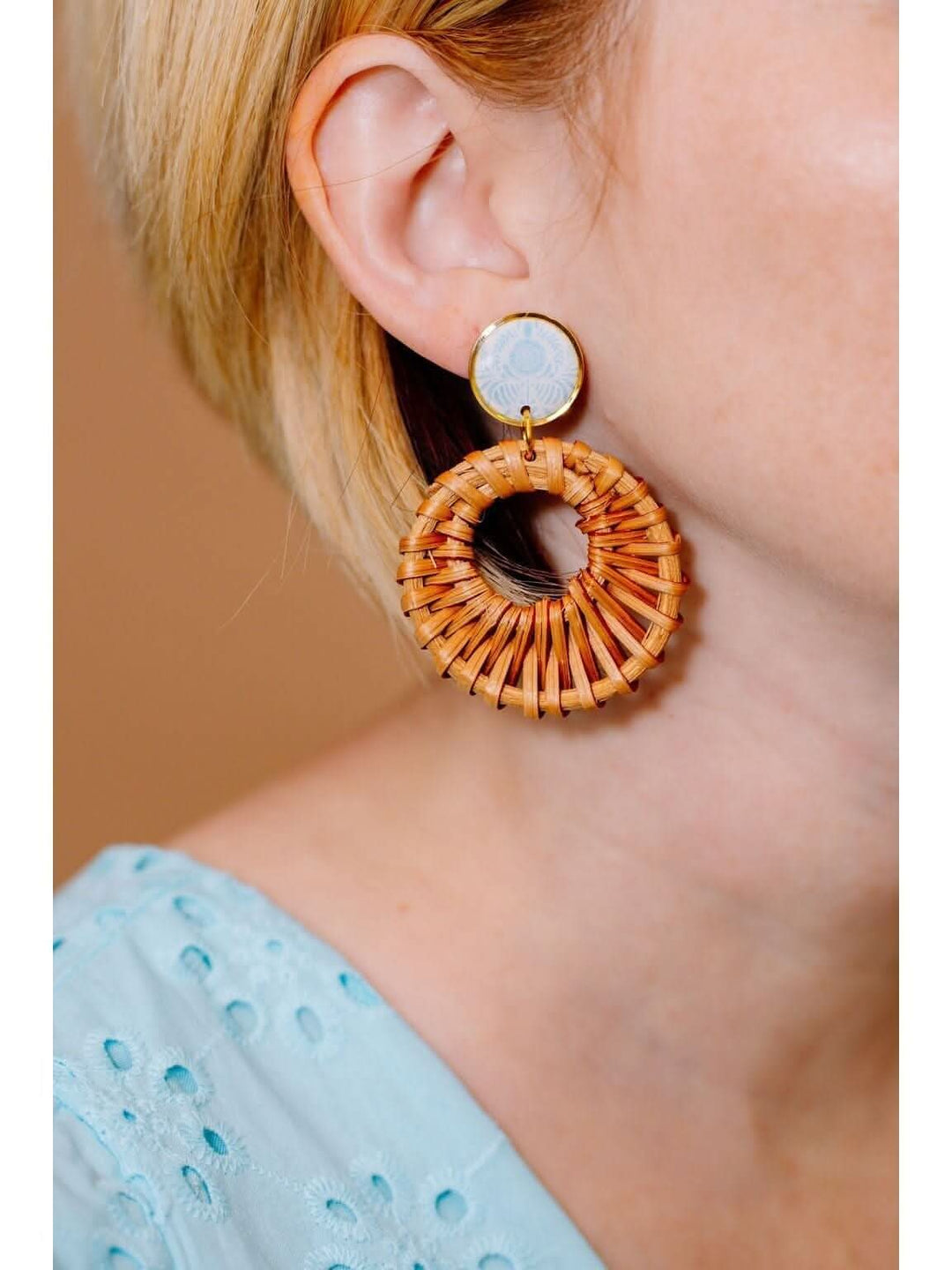 Rattan Hoops with Blue and White Printed Clay Insert - Lolo Viv Boutique