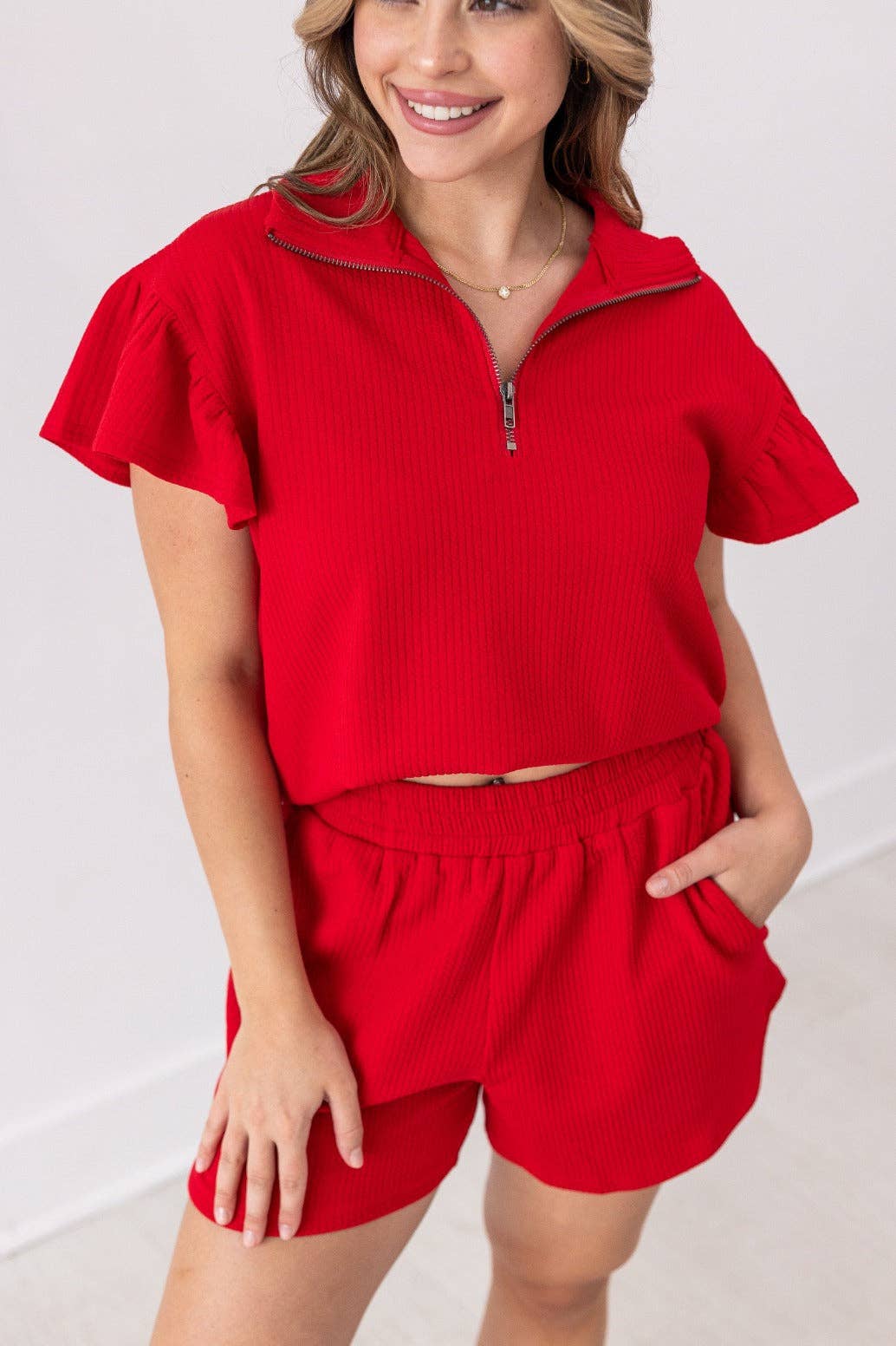 Red Quarter Zip Set with Flutter Sleeves - Reg & Curvy - Lolo Viv Boutique