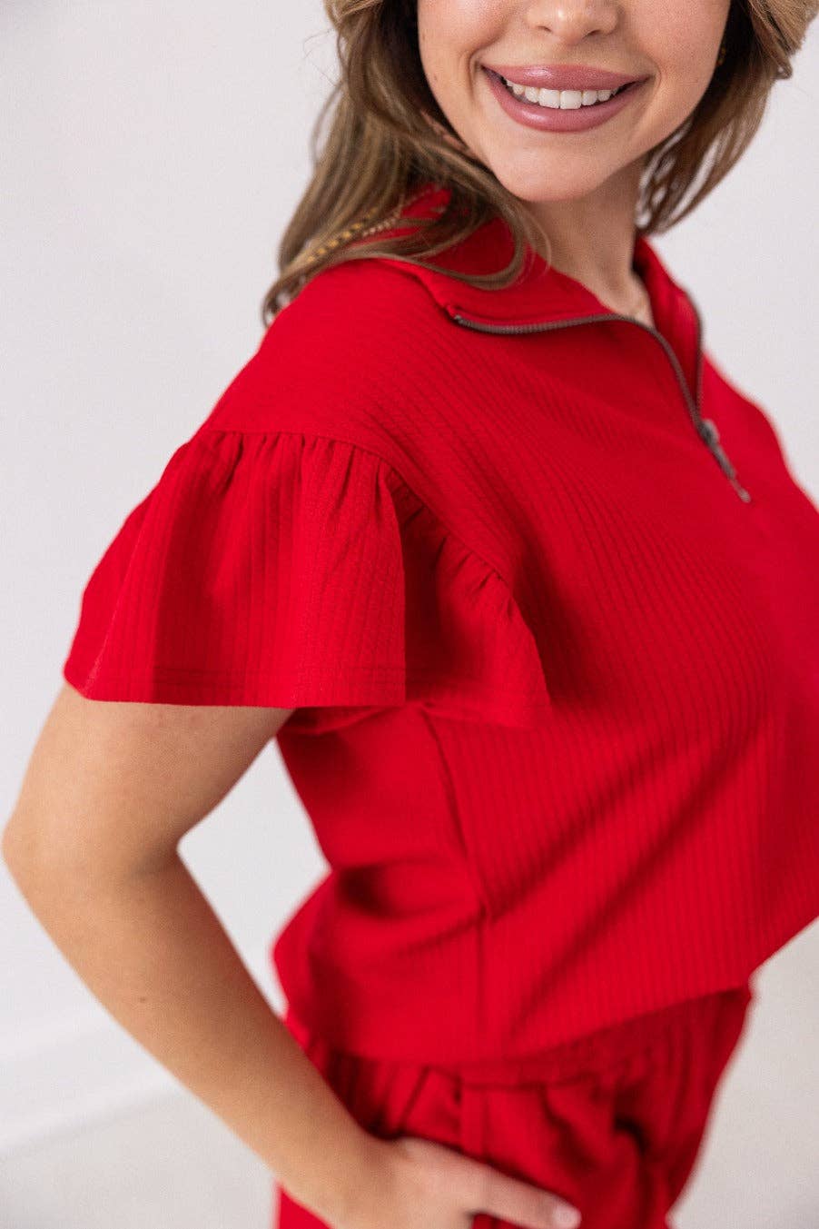 Red Quarter Zip Set with Flutter Sleeves - Reg & Curvy - Lolo Viv Boutique