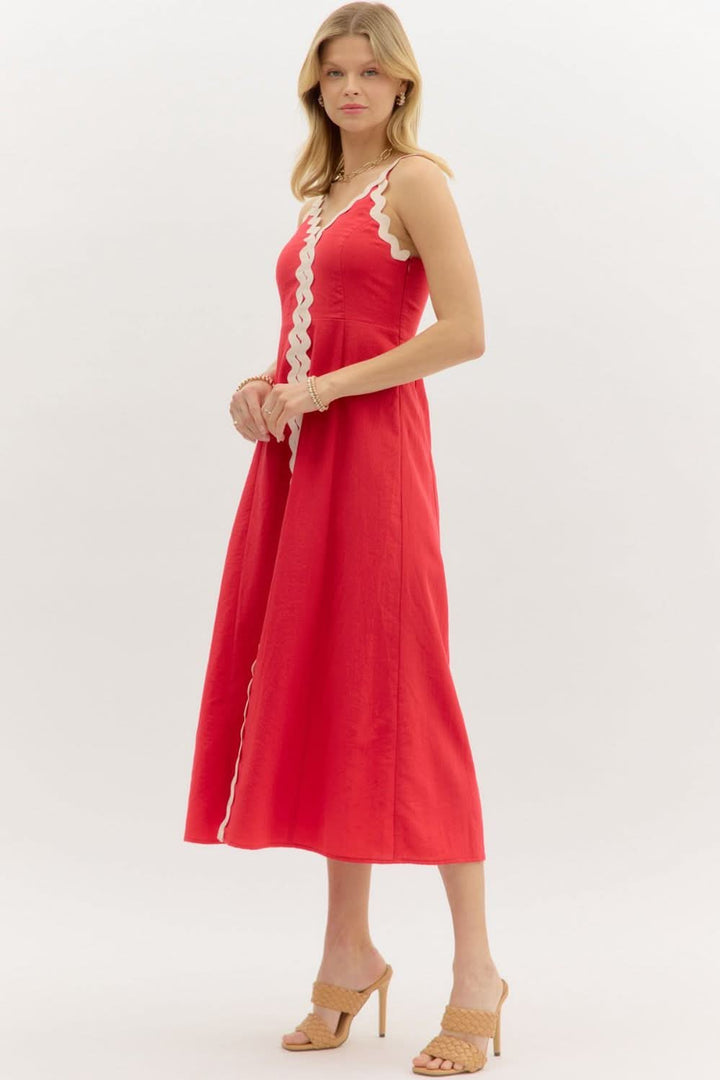 Red Ric Rac Trim Midi Dress - Lolo Viv Boutique