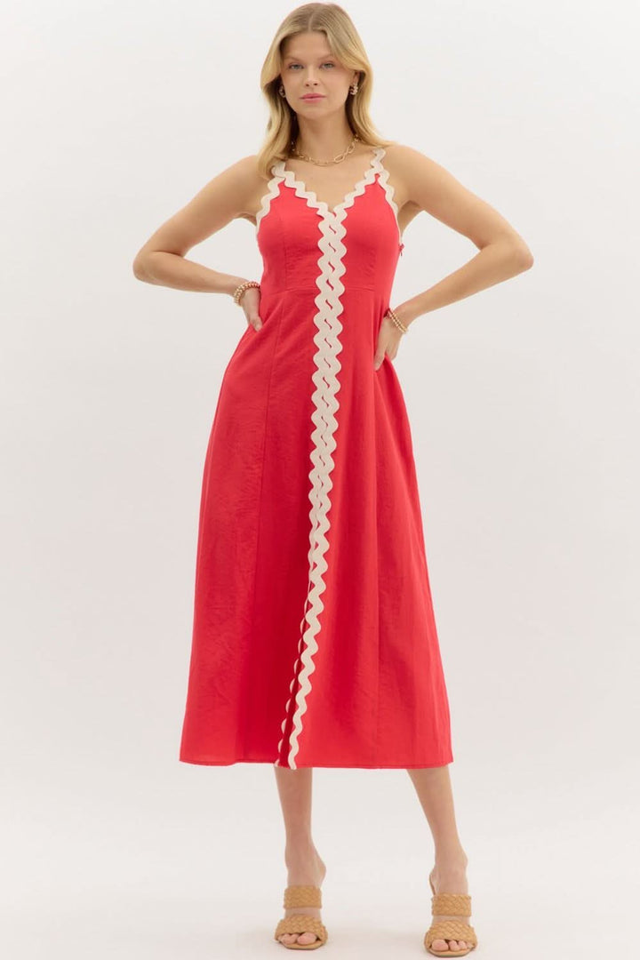 Red Ric Rac Trim Midi Dress - Lolo Viv Boutique