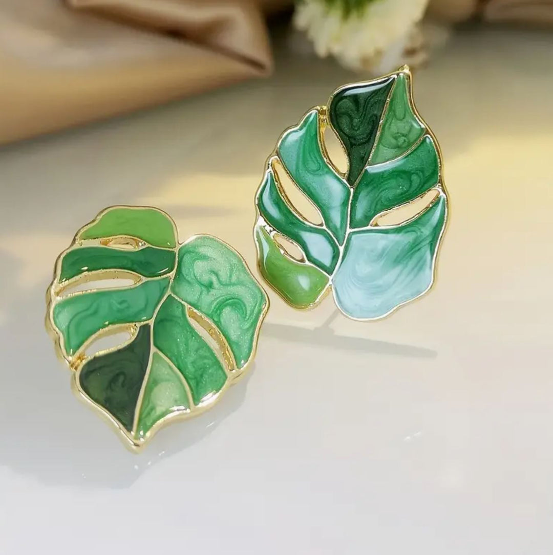 Retro Bohemian Green Leaf Enamel Stud Earrings - Lolo Viv Boutique