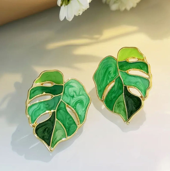 Retro Bohemian Green Leaf Enamel Stud Earrings - Lolo Viv Boutique