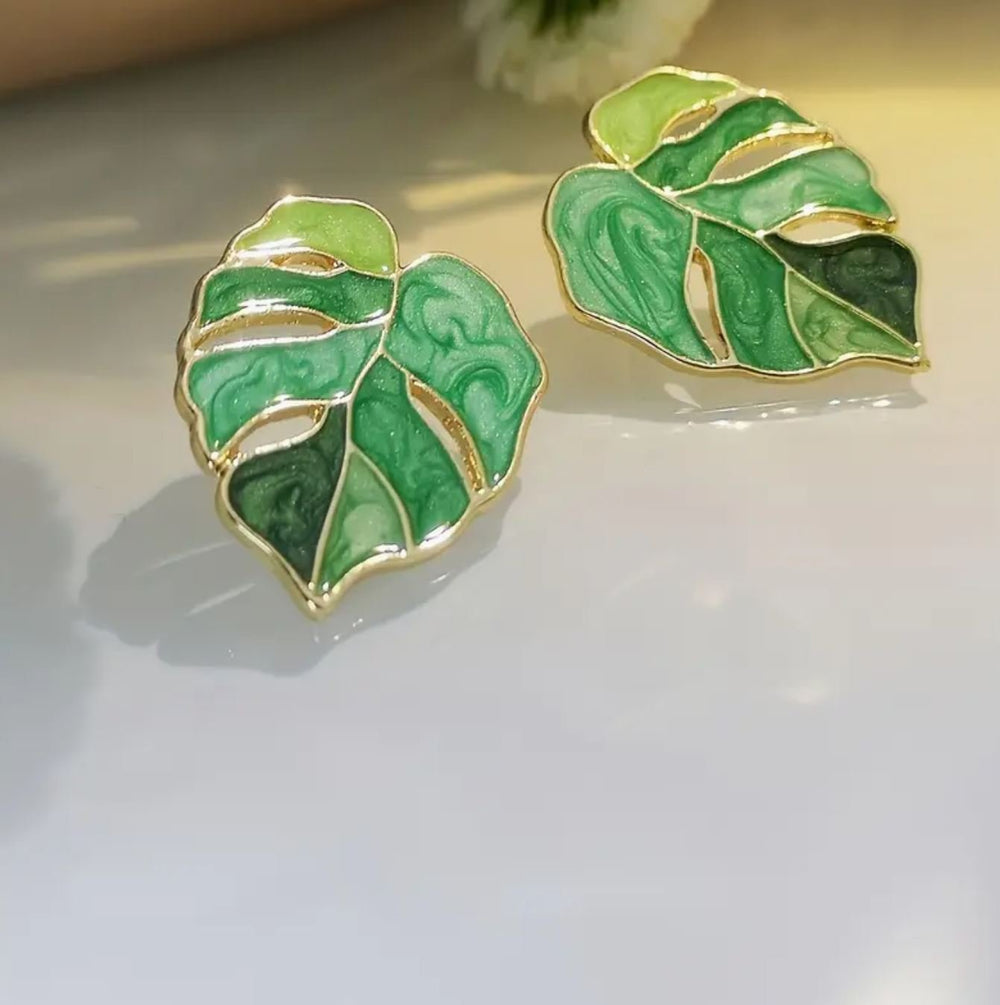 Retro Bohemian Green Leaf Enamel Stud Earrings - Lolo Viv Boutique