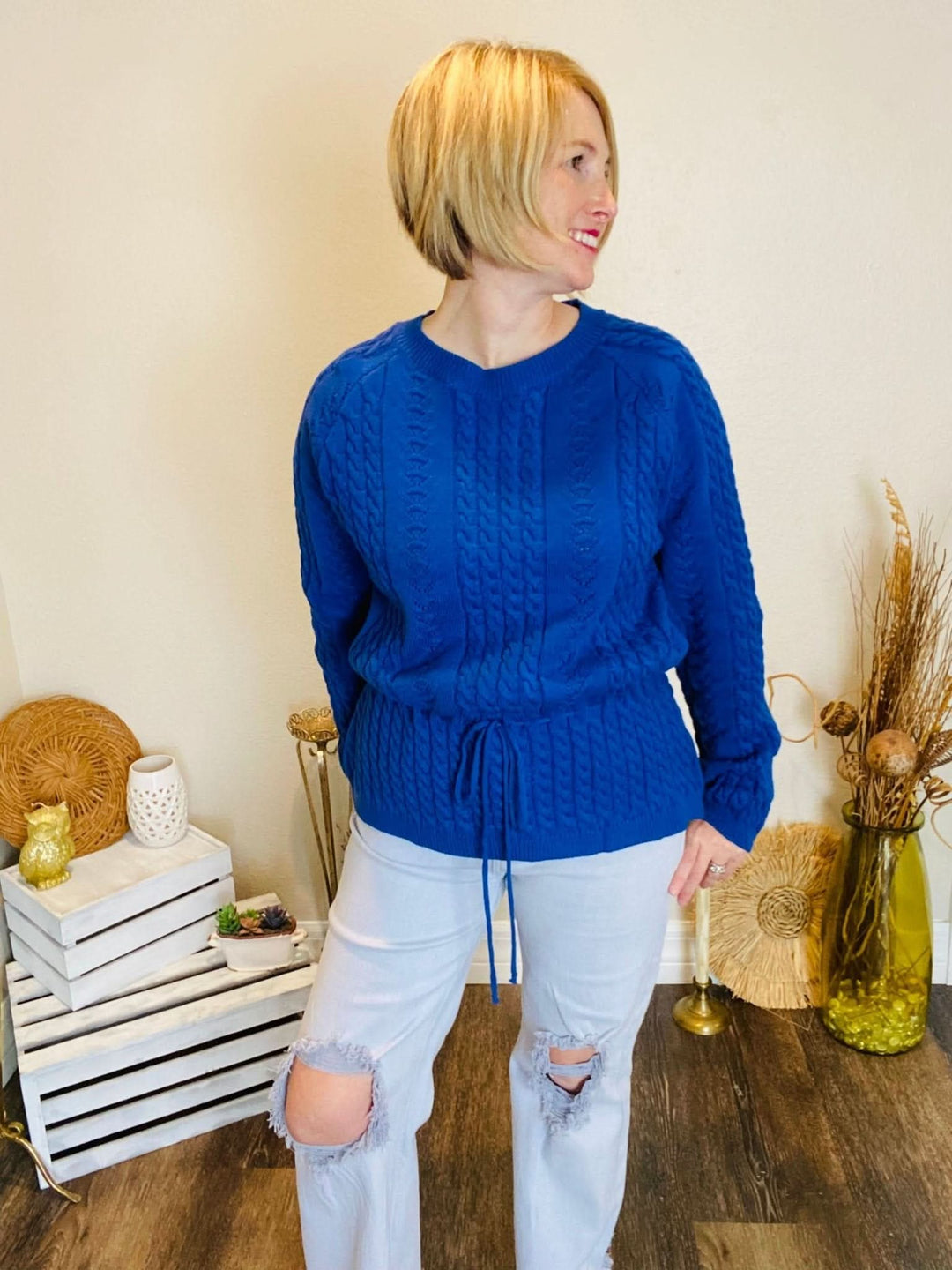 Royal Blue Cable Knit Sweater - Lolo Viv Boutique