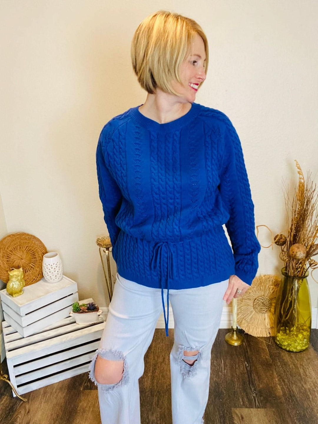 Royal Blue Cable Knit Sweater - Lolo Viv Boutique
