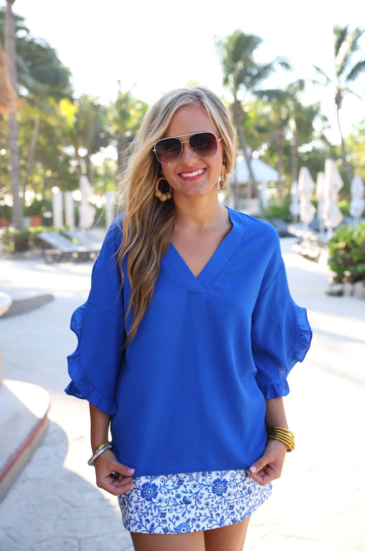 Ruffle Sleeve Royal Blue Top - Reg & Curvy - Lolo Viv Boutique