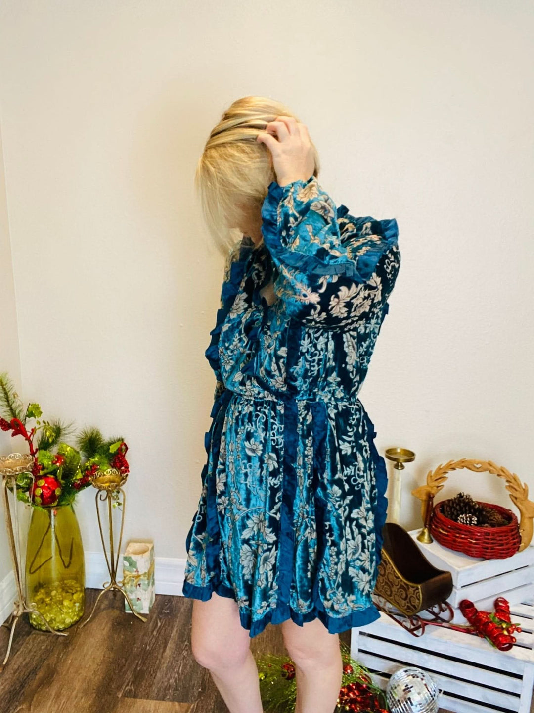 Ruffle Trimmed Velvet Burnout Dress - Lolo Viv Boutique