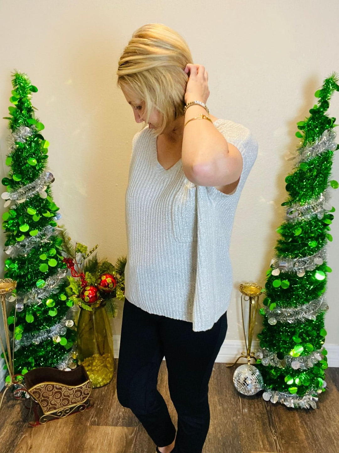 Silver Metallic Short Sleeve Sweater - Lolo Viv Boutique
