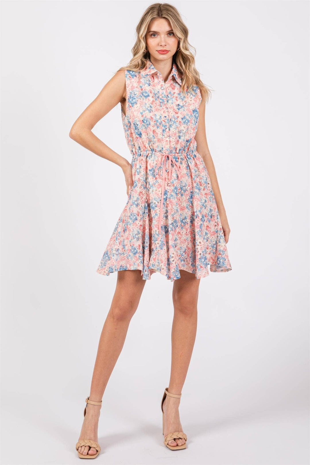 Sleeveless Floral Print Eyelet Dress - Lolo Viv Boutique