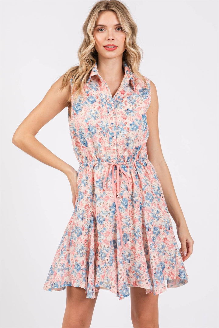 Sleeveless Floral Print Eyelet Dress - Lolo Viv Boutique
