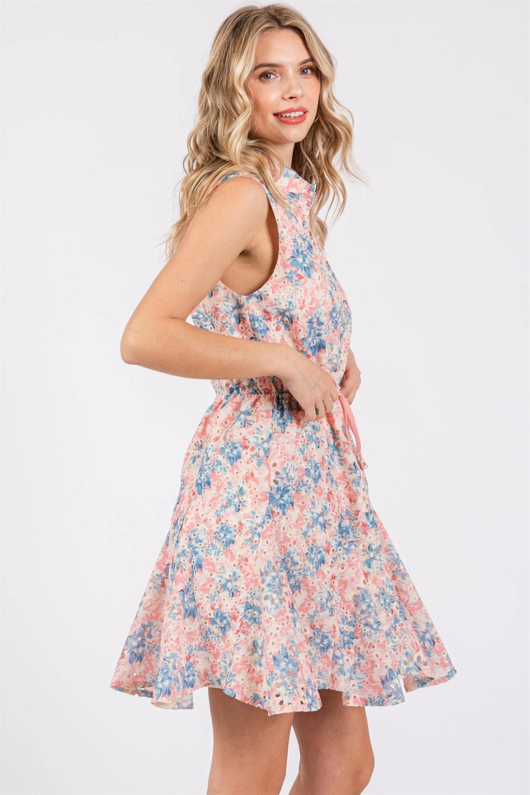 Sleeveless Floral Print Eyelet Dress - Lolo Viv Boutique