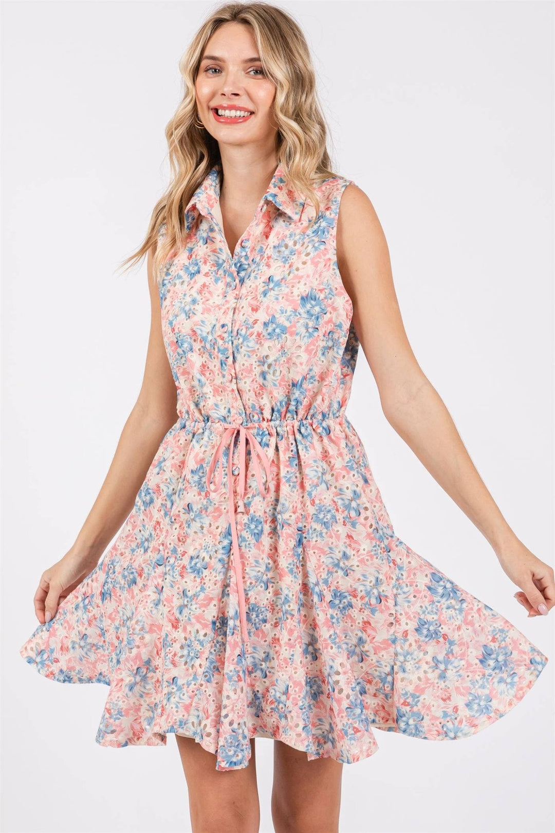 Sleeveless Floral Print Eyelet Dress - Lolo Viv Boutique