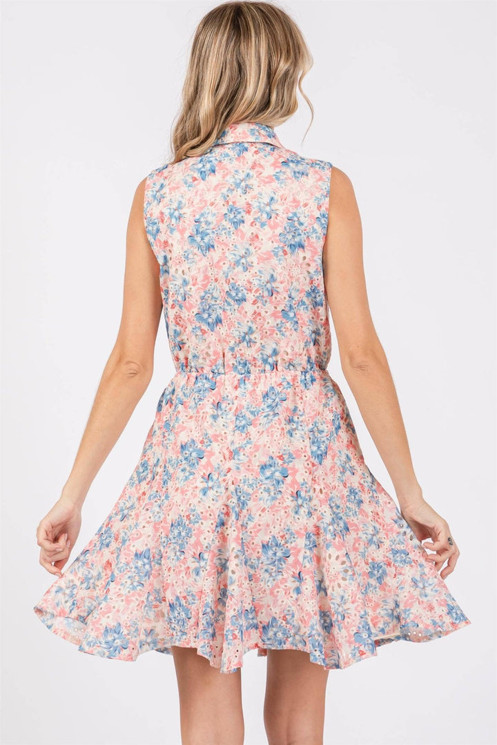 Sleeveless Floral Print Eyelet Dress - Lolo Viv Boutique