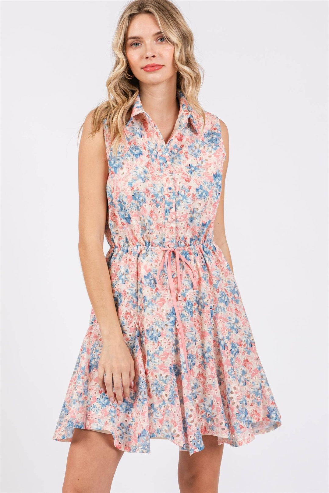 Sleeveless Floral Print Eyelet Dress - Lolo Viv Boutique