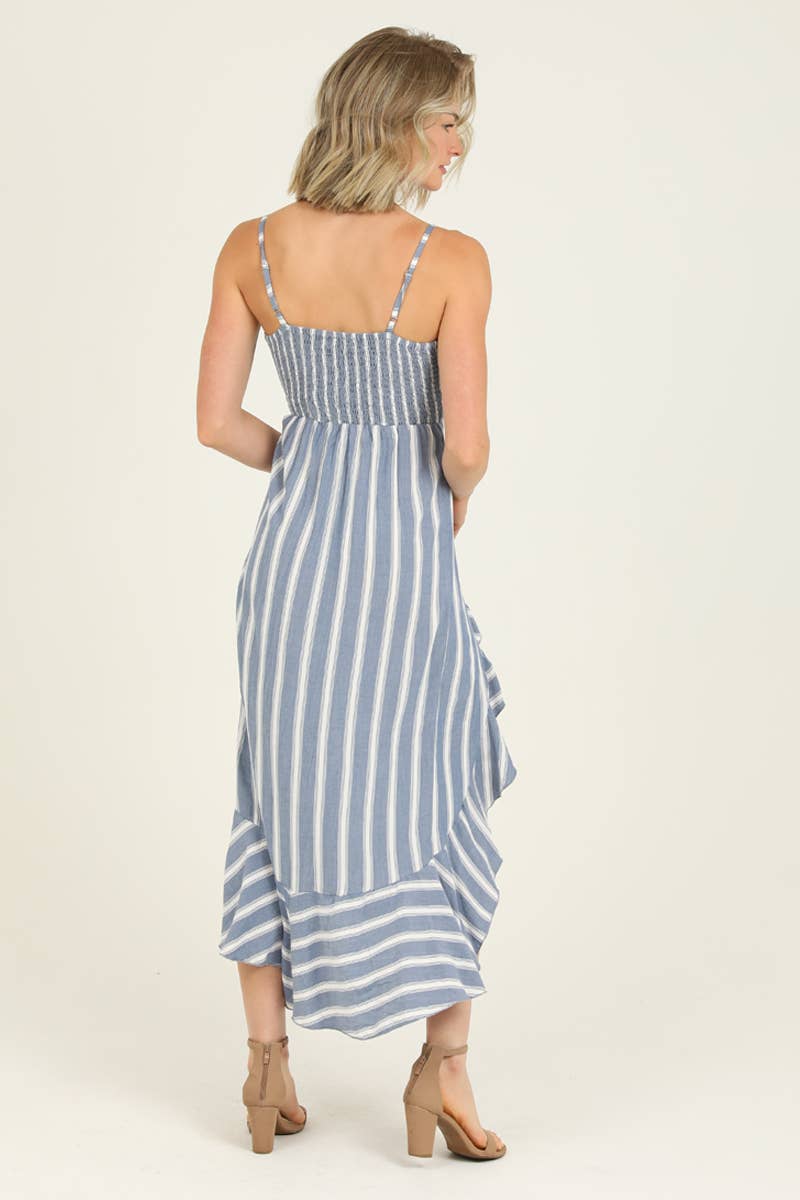 Striped Tie Front Double Slit Ruffle Maxi Dress - Lolo Viv Boutique