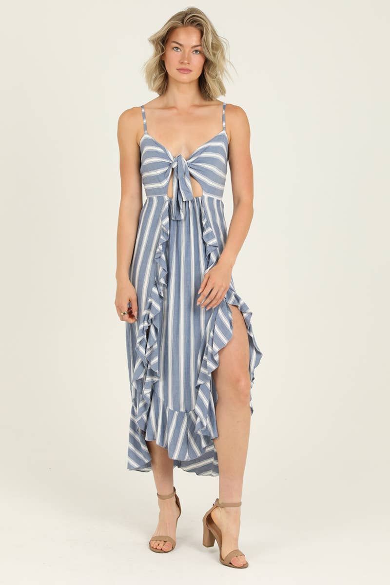 Striped Tie Front Double Slit Ruffle Maxi Dress - Lolo Viv Boutique