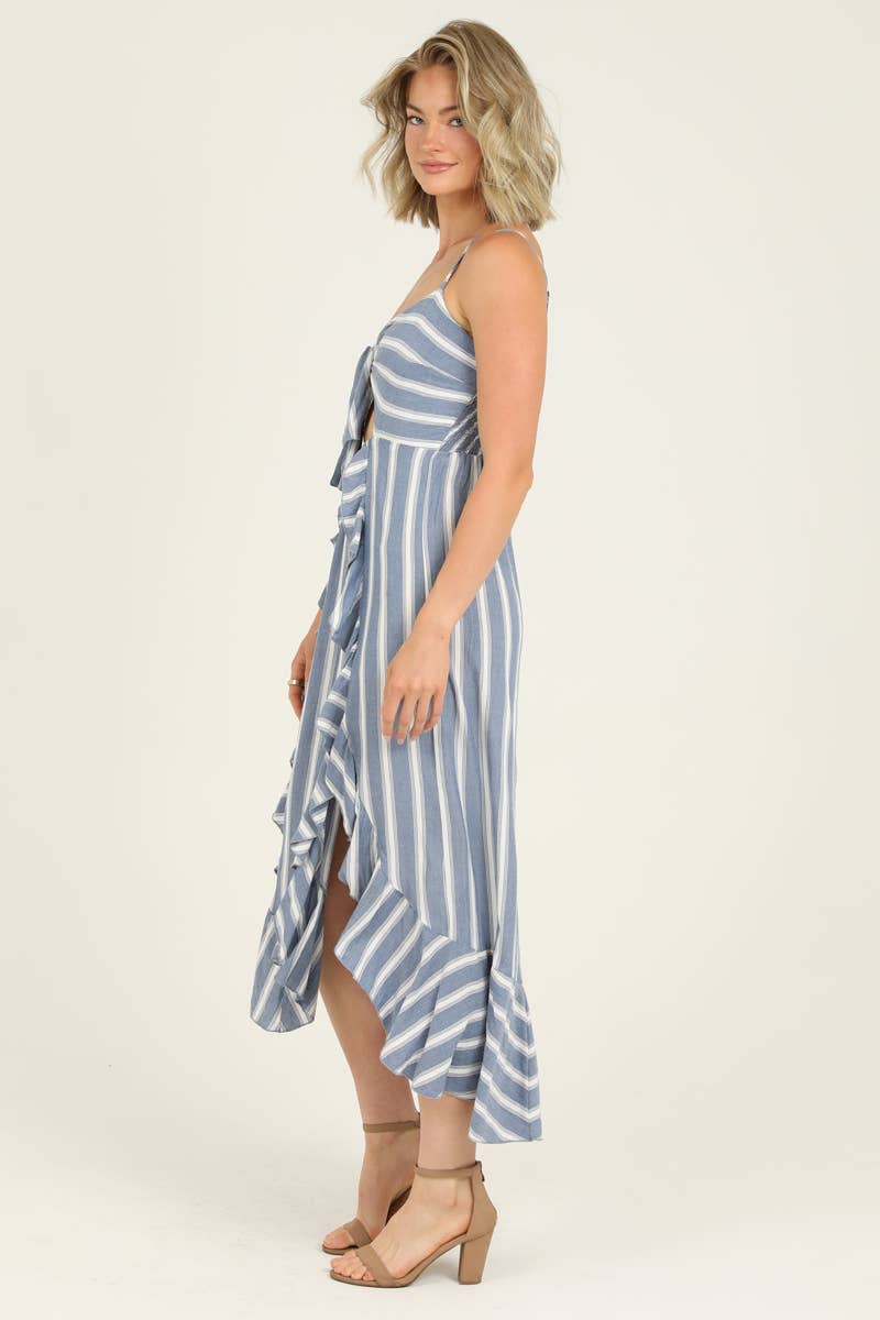 Striped Tie Front Double Slit Ruffle Maxi Dress - Lolo Viv Boutique