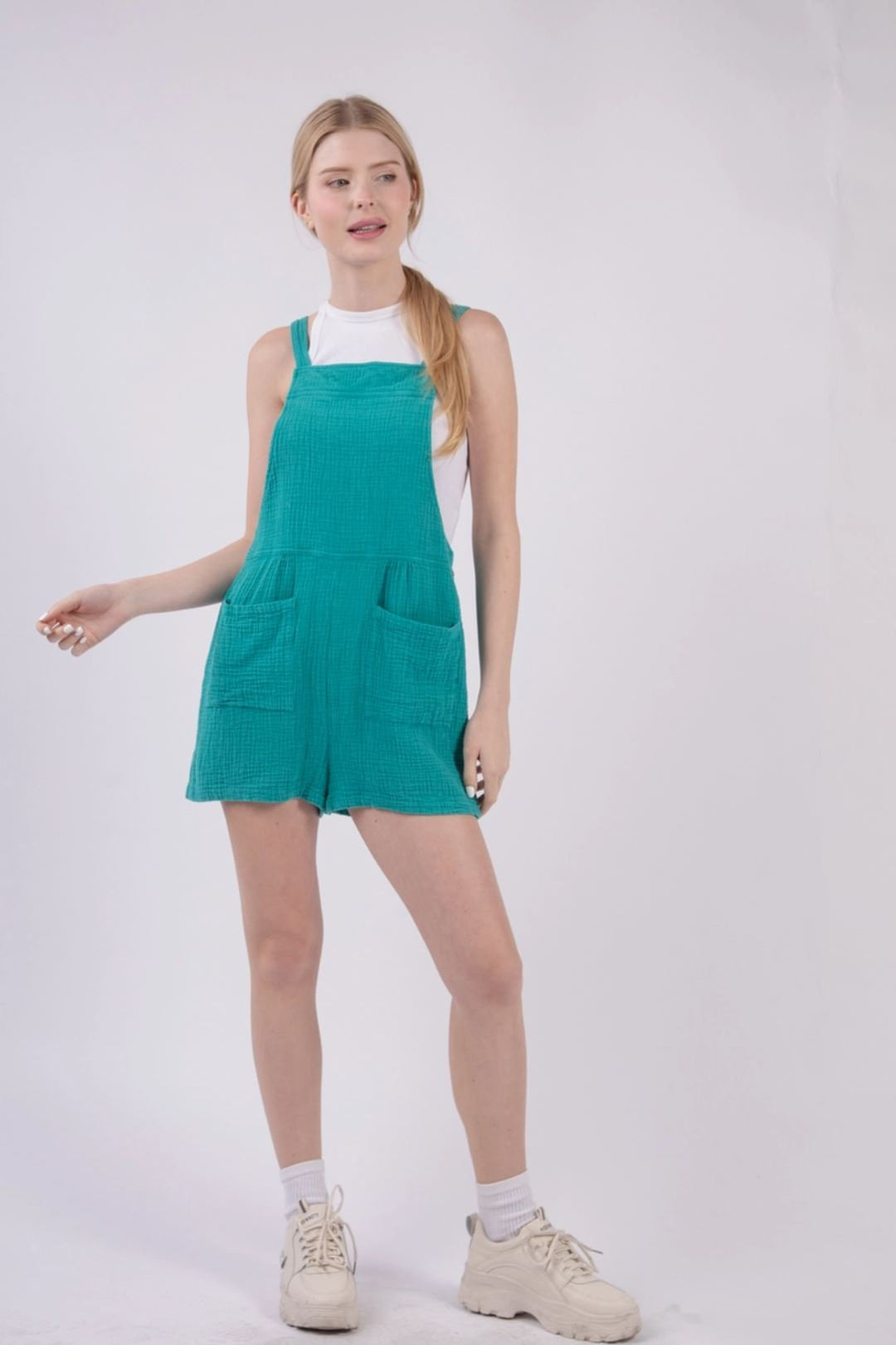 Teal Double Gauze Overall Romper - Lolo Viv Boutique