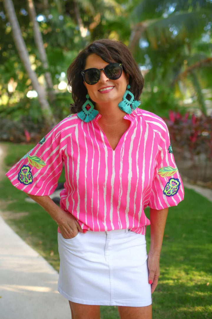 Vibrant Embroidered Striped & Floral Top - Curvy - Lolo Viv Boutique