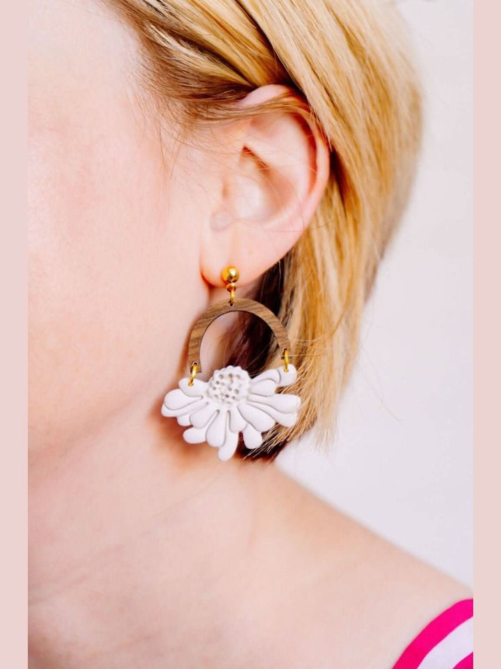White Flower Arch Clay & Wooden Earrings - Lolo Viv Boutique