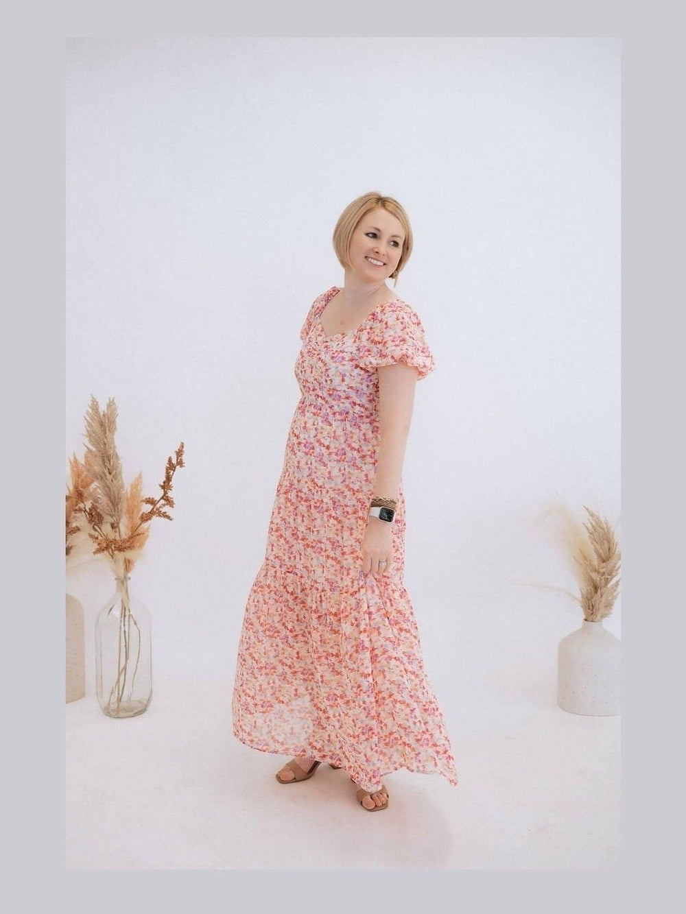 Abstract Floral Maxi Dress with Back Smocking