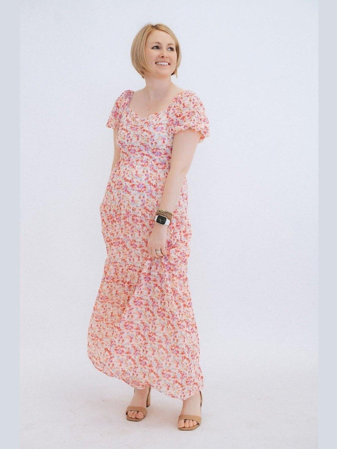 Abstract Floral Maxi Dress with Back Smocking