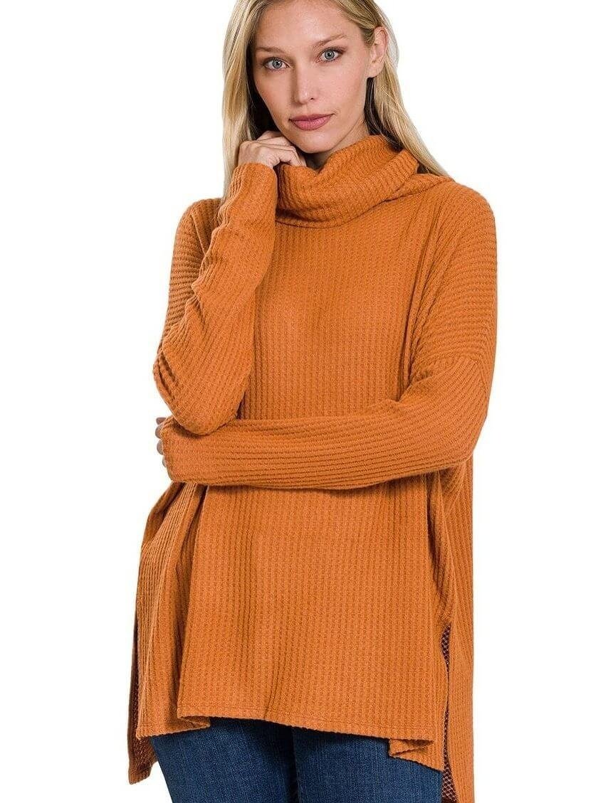 Almond Brushed Thermal Waffle Cowl Neck Hi-Low Sweater - Lolo Viv Boutique