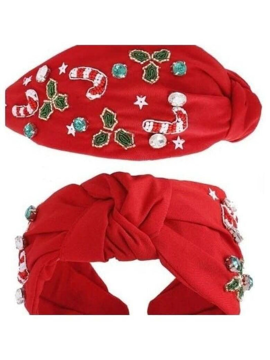 Beaded Candy Cane & Holly Headband - Lolo Viv Boutique