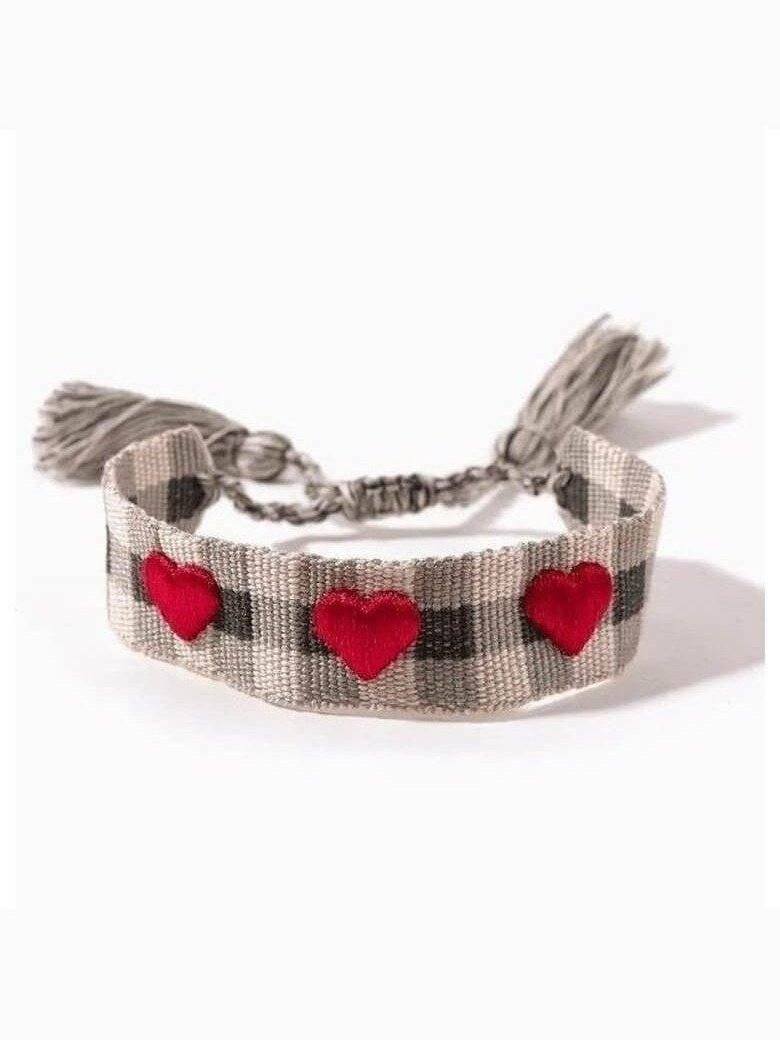 Black and White Plaid Tassel Adjustable Heart Valentine's Bracelet