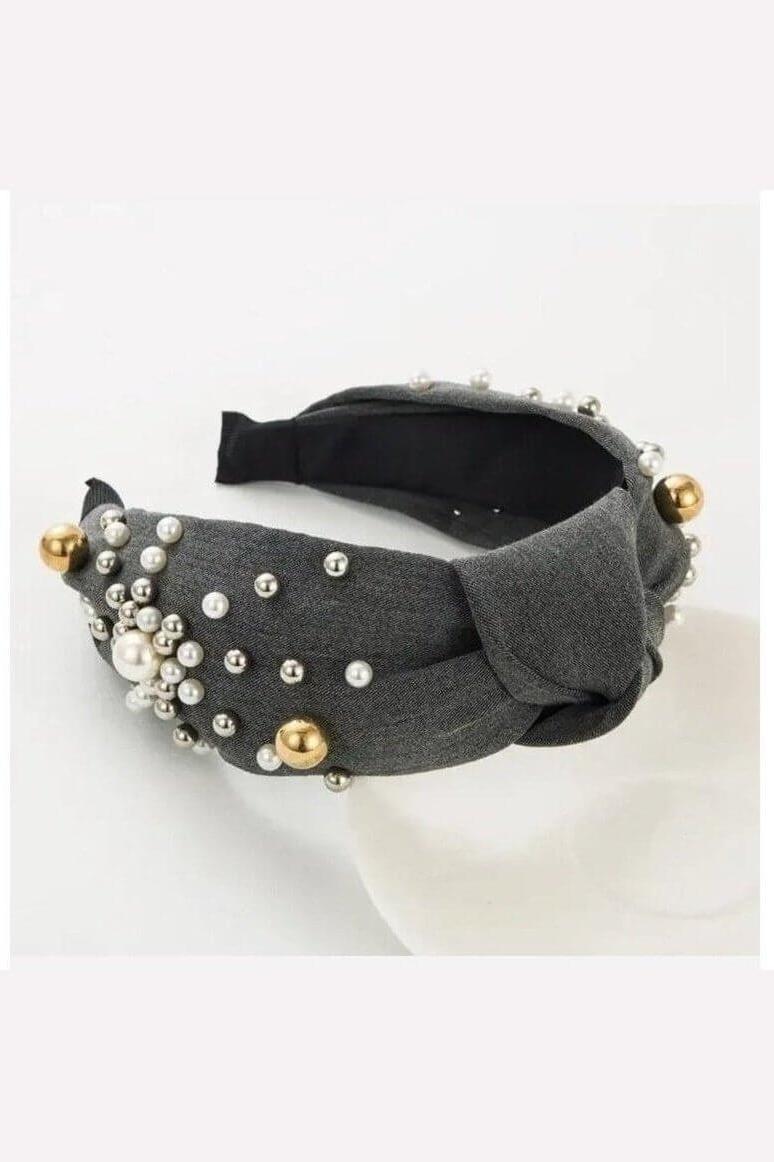 Black Blinged Out Headband with Pearls