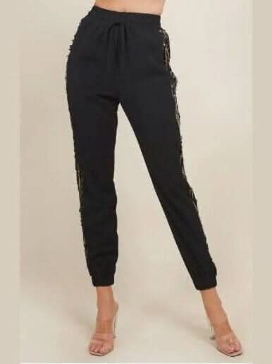 Black Sequin Trimmed Joggers - Lolo Viv Boutique