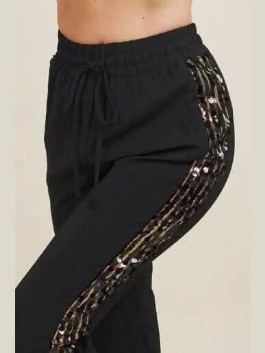 Black Sequin Trimmed Joggers - Lolo Viv Boutique
