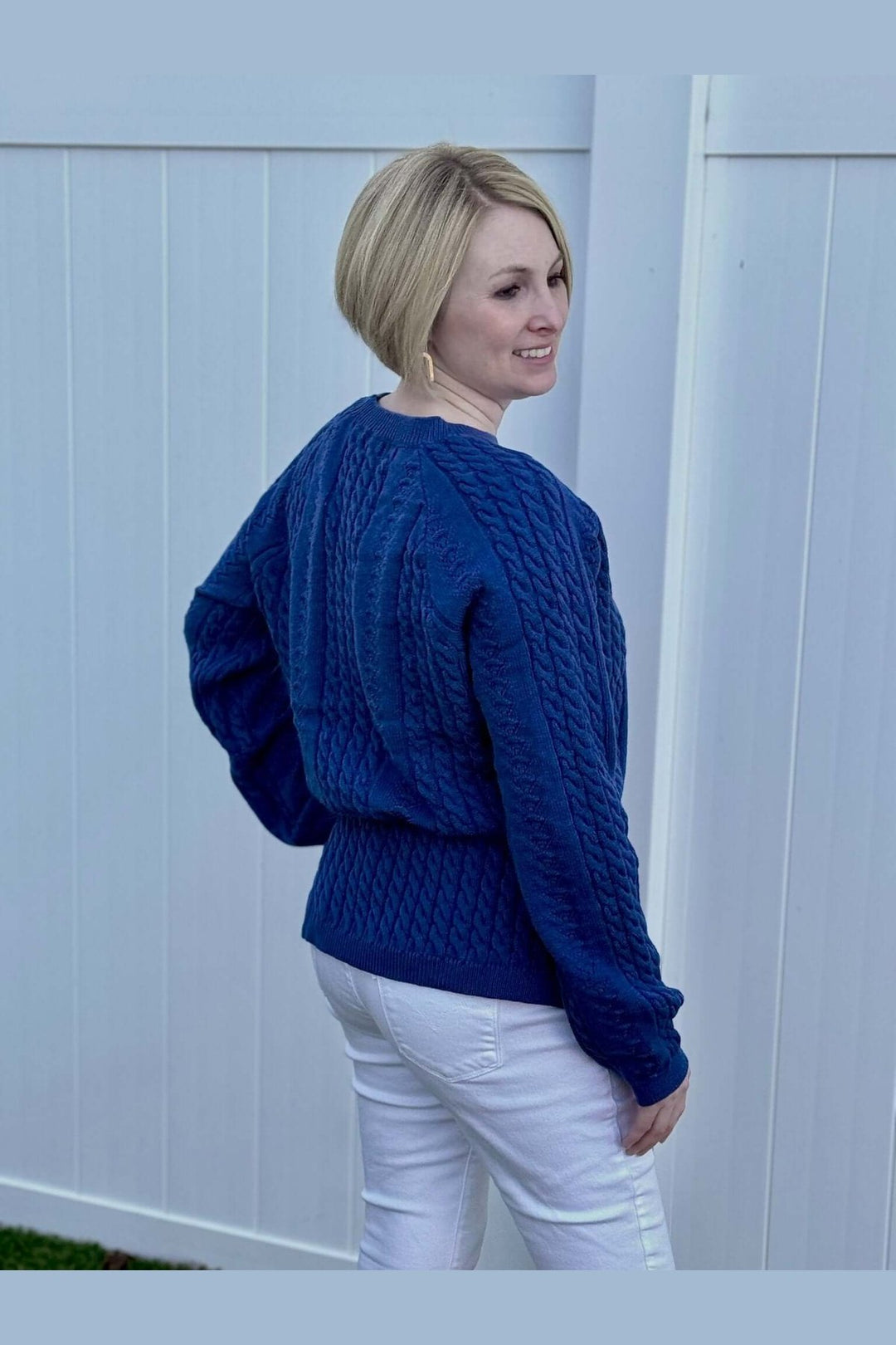 Blue Cable Knit Sweater with Drawstring Tie Waist - Lolo Viv Boutique
