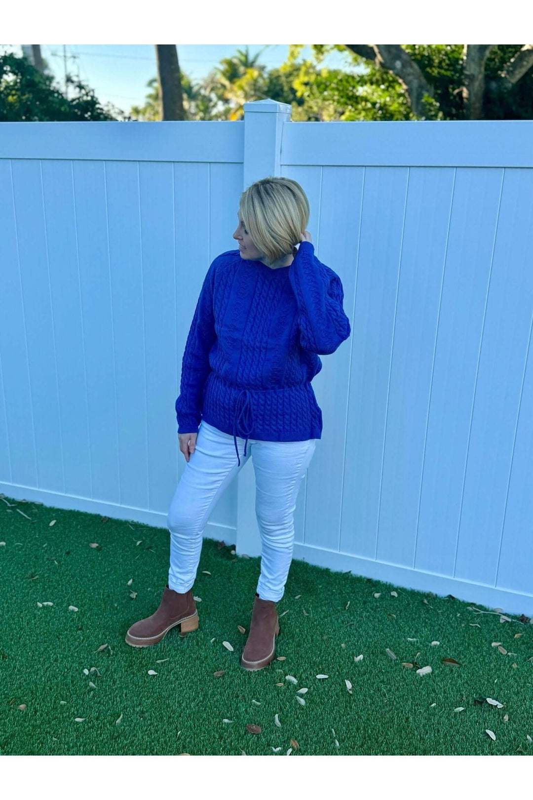 Blue Cable Knit Sweater with Drawstring Tie Waist - Lolo Viv Boutique