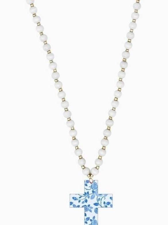 Blue Floral Cross White Necklace - Lolo Viv Boutique