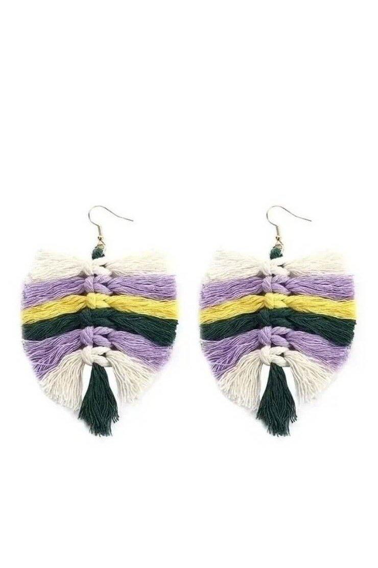 Boho Woven Tassel Earrings in Green, Purple & White