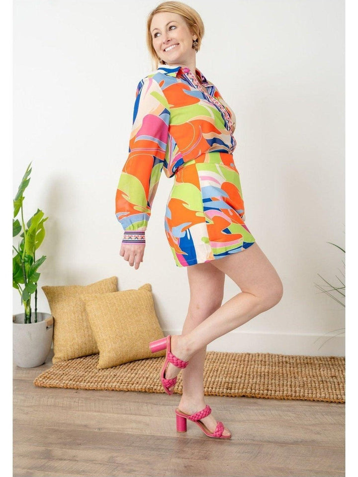 Bright Abstract Top with Cuff and Front Details - Lolo Viv Boutique