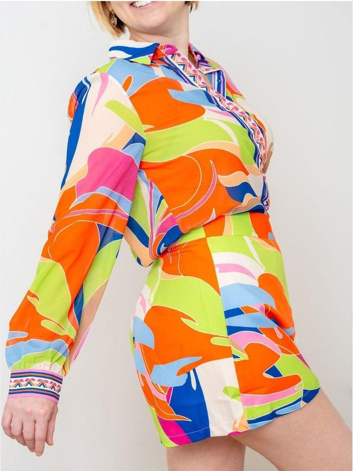 Bright Abstract Top with Cuff and Front Details - Lolo Viv Boutique