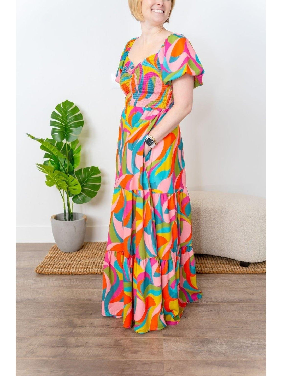 Bright Maxi Dress with Smocked Bodice - Lolo Viv Boutique