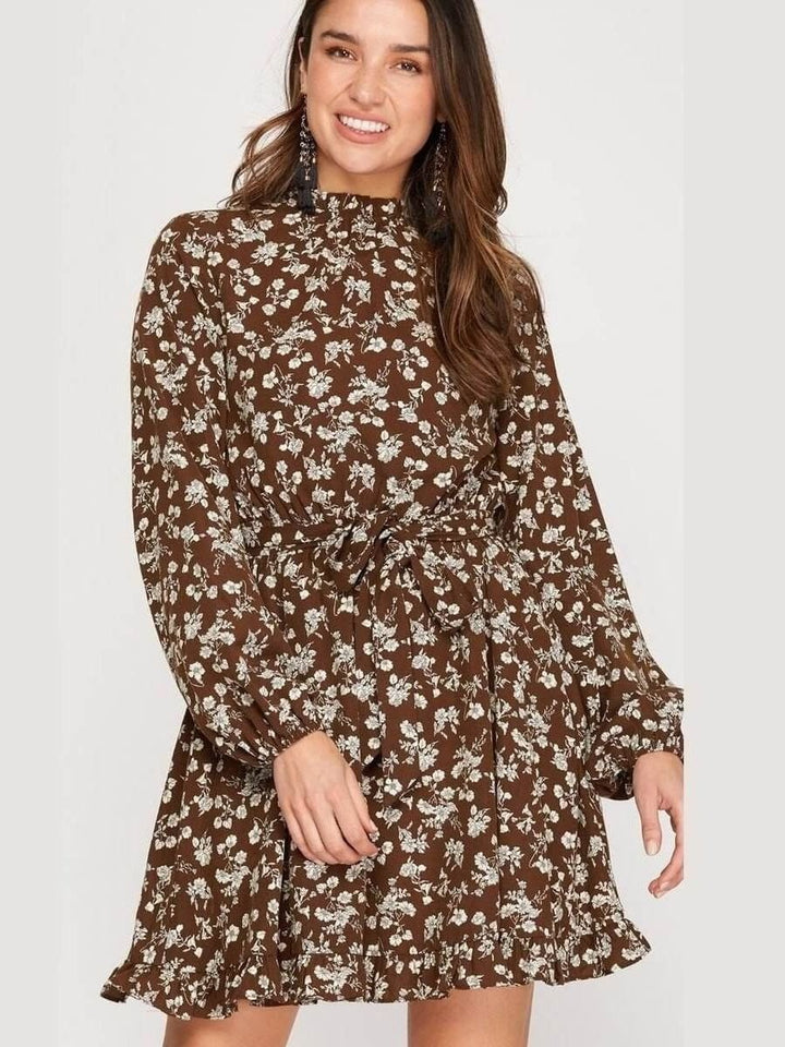 Brown and Cream Floral Dress - Lolo Viv Boutique