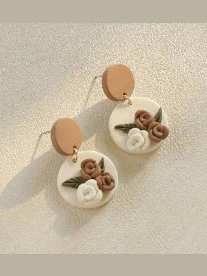 Brown Floral Polymer Clay Earrings