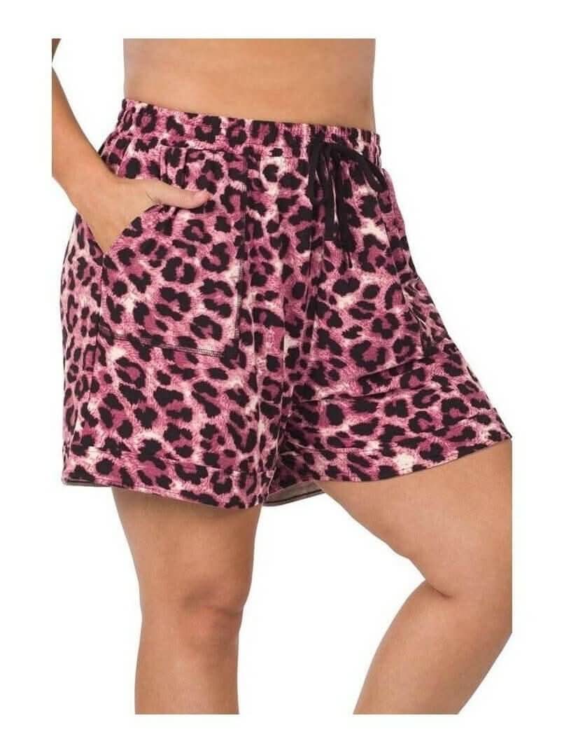 Curvy Brushed Leopard Drawstring Waist Shorts - Lolo Viv Boutique