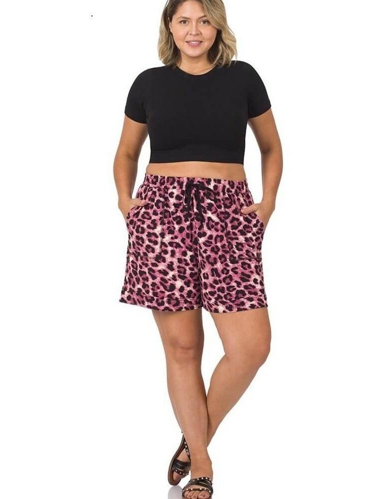 Curvy Brushed Leopard Drawstring Waist Shorts
