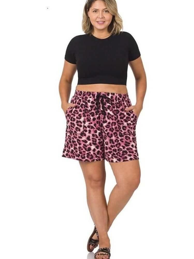Curvy Brushed Leopard Drawstring Waist Shorts - Lolo Viv Boutique