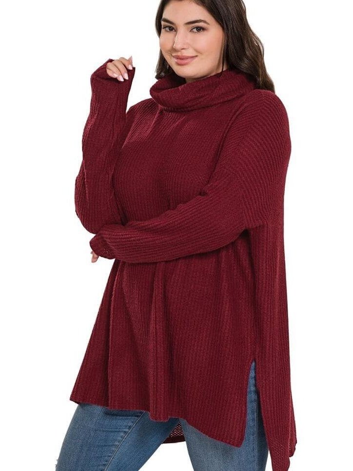 Brushed Thermal Waffle Cowl Neck Sweater - Lolo Viv Boutique